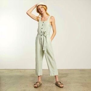 Everlane The Linen Picnic Jumpsuit in Seafoam Stripe size 10